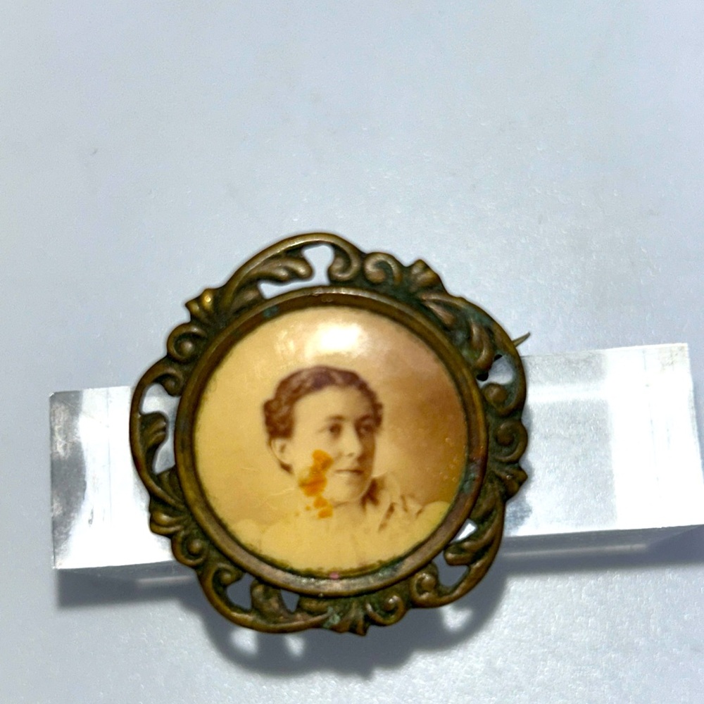 Victorian Antique Mourning Brooch Sepia Toned Photo Brass Frame Collectible
